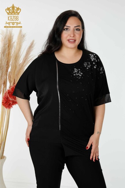 Women's Blouse Sliver Stone Embroidered Black - 79032 | KAZEE - Thumbnail