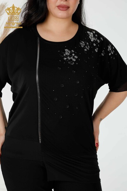 Women's Blouse Sliver Stone Embroidered Black - 79032 | KAZEE - Thumbnail