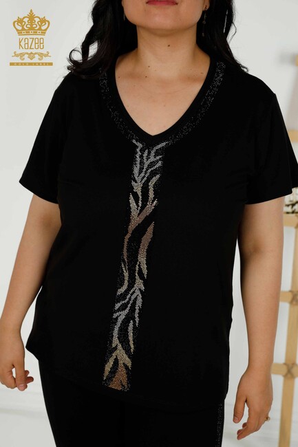 Women's Blouse Sliver Stone Embroidered Black - 79242 | KAZEE - Thumbnail