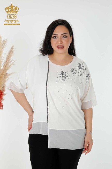 Women's Blouse Sliver Stone Embroidered Ecru - 79032 | KAZEE - Thumbnail