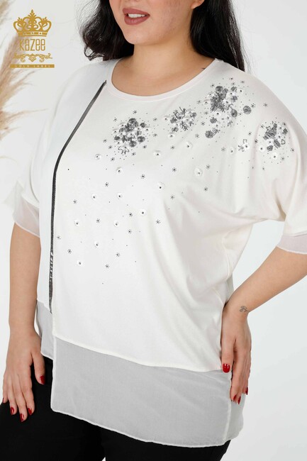 Women's Blouse Sliver Stone Embroidered Ecru - 79032 | KAZEE - Thumbnail