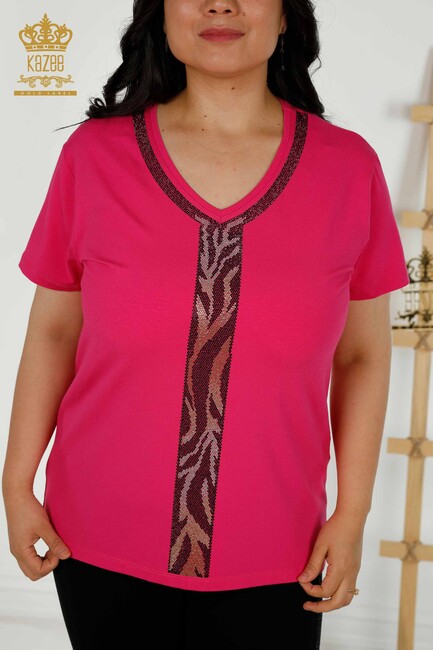 Women's Blouse Striped Stone Embroidered Fuchsia - 79242 | KAZEE - Thumbnail