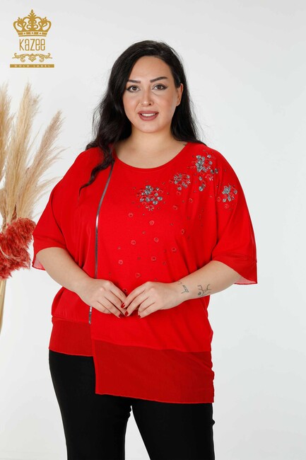 Women's Blouse Stripe Stone Embroidered Red - 79032 | KAZEE - Thumbnail