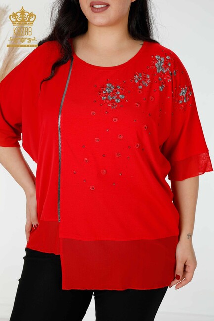 Women's Blouse Stripe Stone Embroidered Red - 79032 | KAZEE - Thumbnail