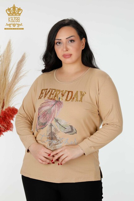 Women's Blouse With Text Detailed Beige - 77913 | KAZEE - Thumbnail