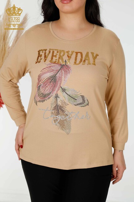 Women's Blouse With Text Detailed Beige - 77913 | KAZEE - Thumbnail