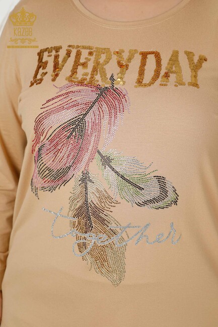 Women's Blouse With Text Detailed Beige - 77913 | KAZEE - Thumbnail