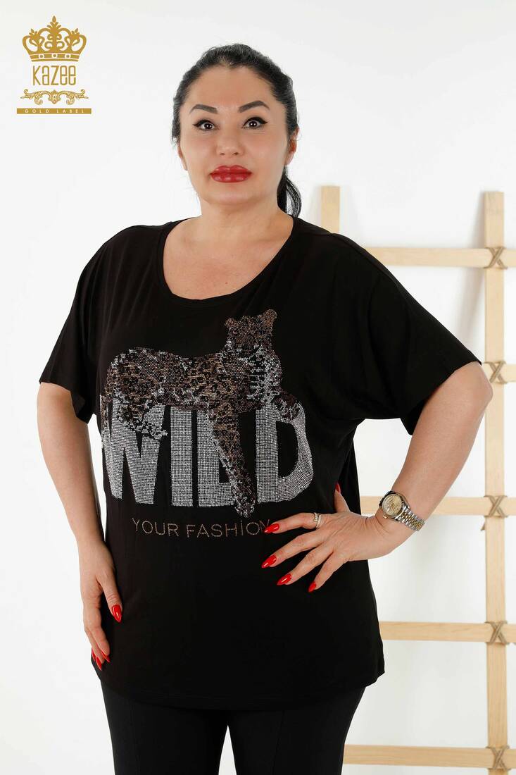 Women's Blouse Black with Text Detailed - 77713 | KAZEE