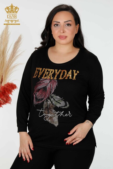 Women's Blouse with Text Detailed Black - 77913 | KAZEE - Thumbnail