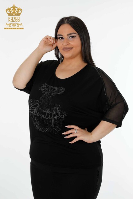 Women's Blouse with Text Detailed Black - 78866 | KAZEE - Thumbnail