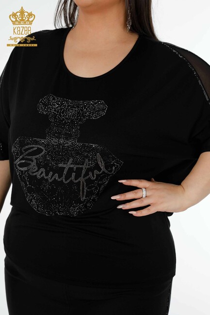 Women's Blouse with Text Detailed Black - 78866 | KAZEE - Thumbnail