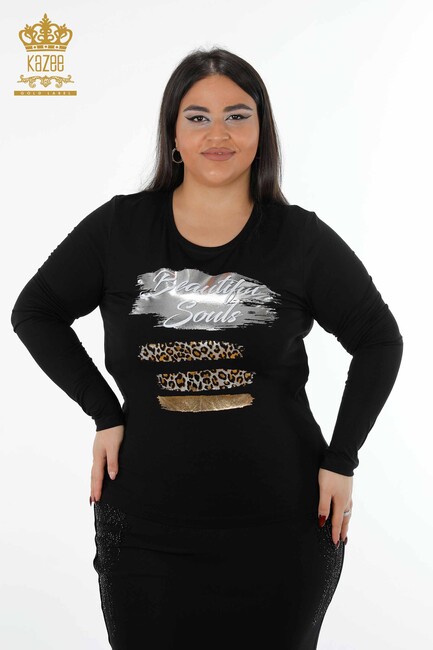 Women's Blouse Black with Text Detailed - 79012 | KAZEE - Thumbnail