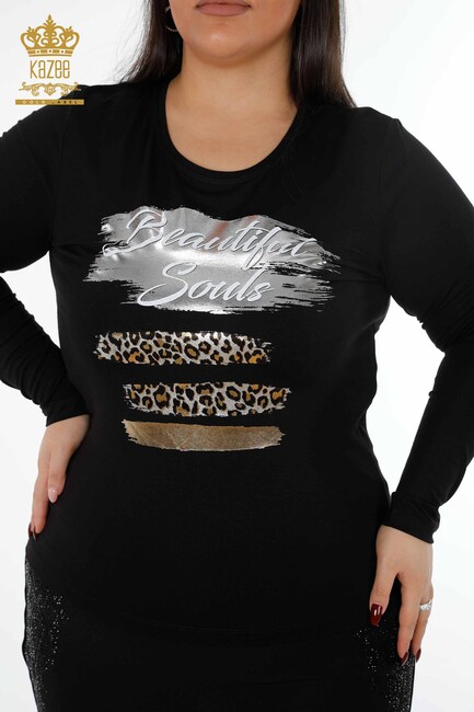 Women's Blouse Black with Text Detailed - 79012 | KAZEE - Thumbnail