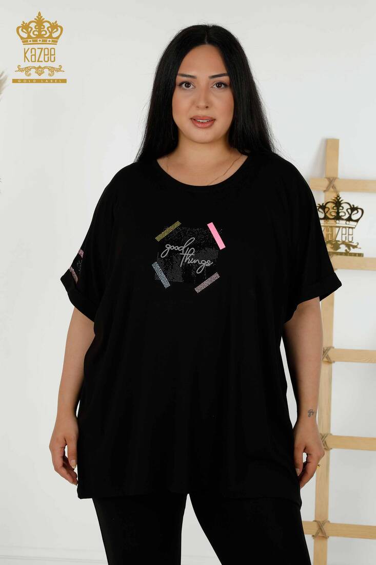 Women's Blouse Black with Text Detailed - 79323 | KAZEE