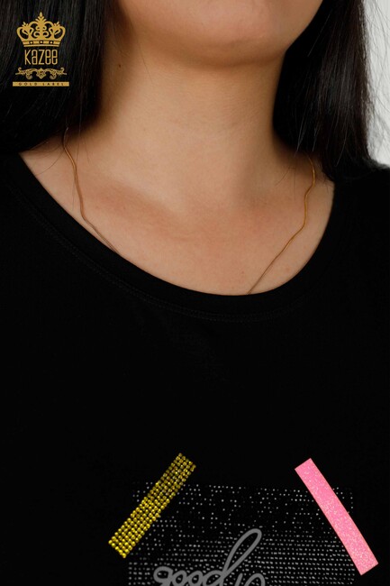 Women's Blouse Black with Text Detailed - 79323 | KAZEE - Thumbnail