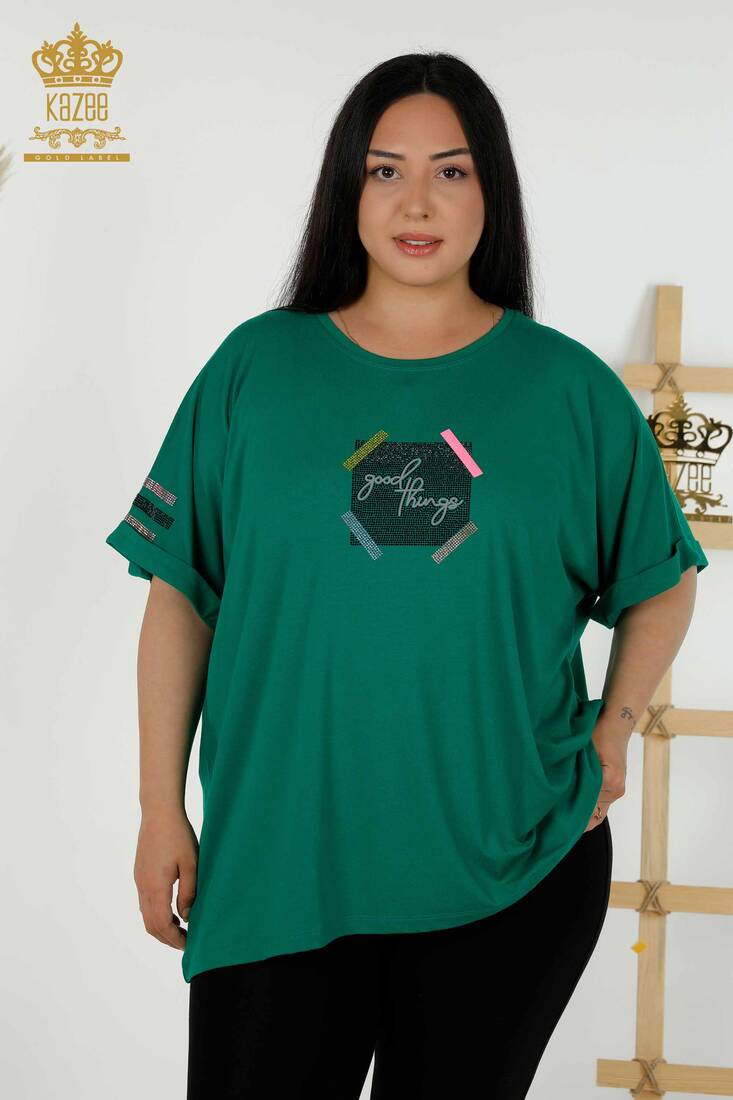 Women's Blouse with Text Detailed Green - 79323 | KAZEE