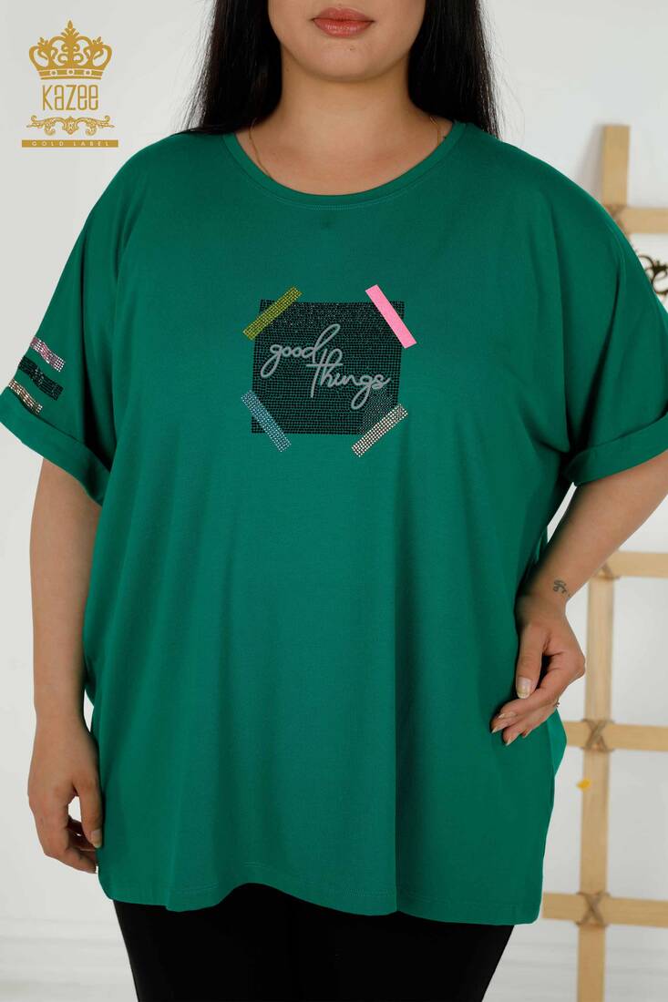 Women's Blouse with Text Detailed Green - 79323 | KAZEE