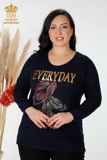 Women's Blouse with Text Detailed Navy Blue - 77913 | KAZEE - Thumbnail