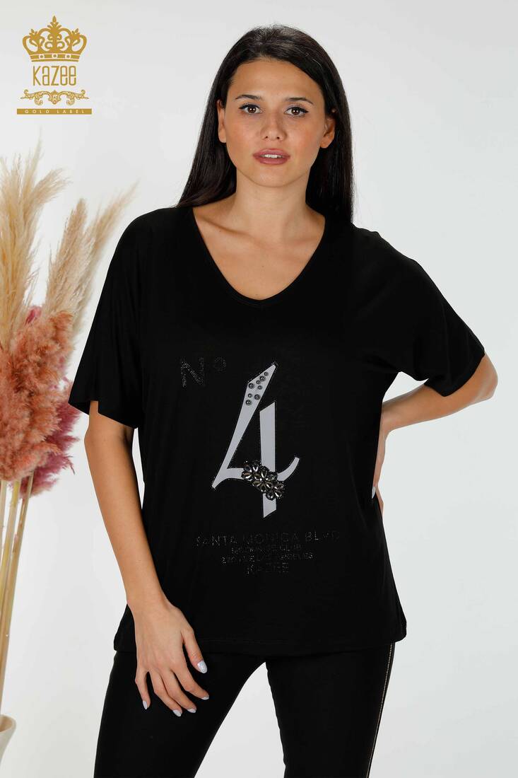 Women's Blouse Letter Pattern Black - 78935 | KAZEE