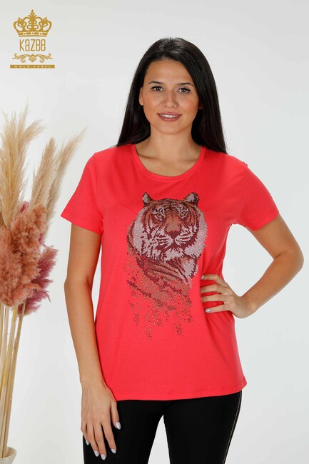 Women's Blouse Tiger Pattern Coral - 78928 | KAZEE - Thumbnail