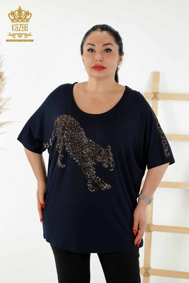 Women's Blouse Tiger Pattern Navy Blue - 77683 | KAZEE