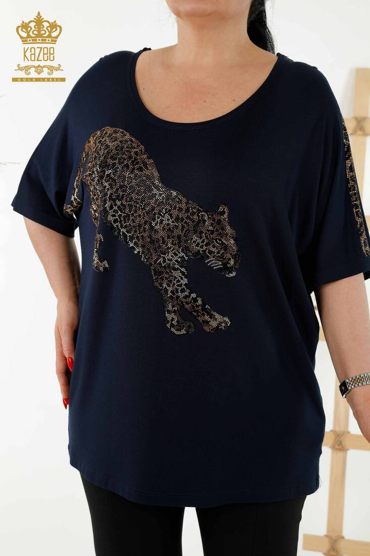 Women's Blouse Tiger Pattern Navy Blue - 77683 | KAZEE