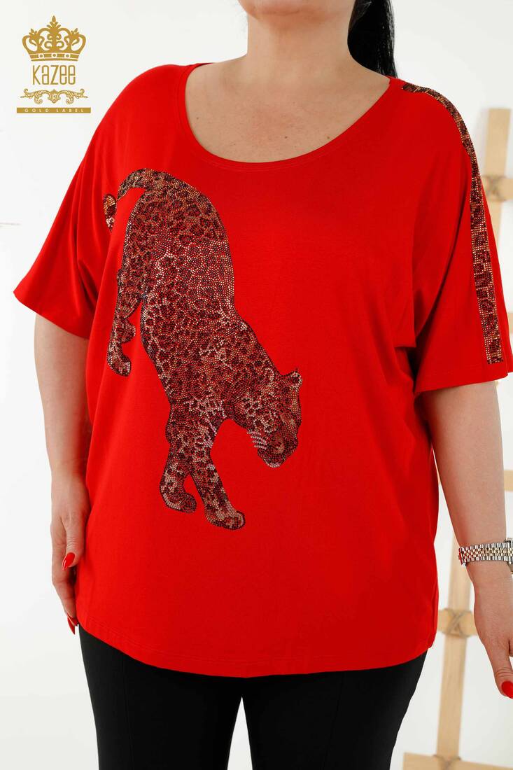 Women's Blouse Tiger Pattern Red - 77683 | KAZEE