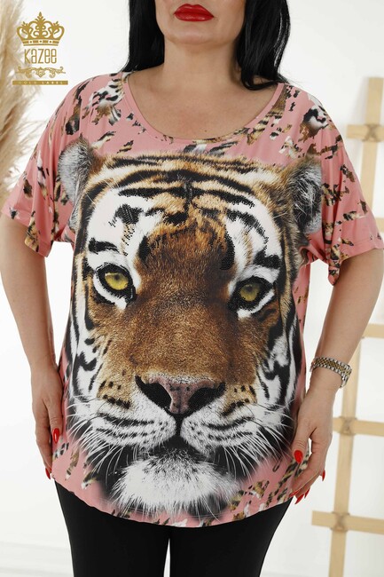 Women's Blouse Tiger Pattern Dried Rose - 77748 | KAZEE - Thumbnail