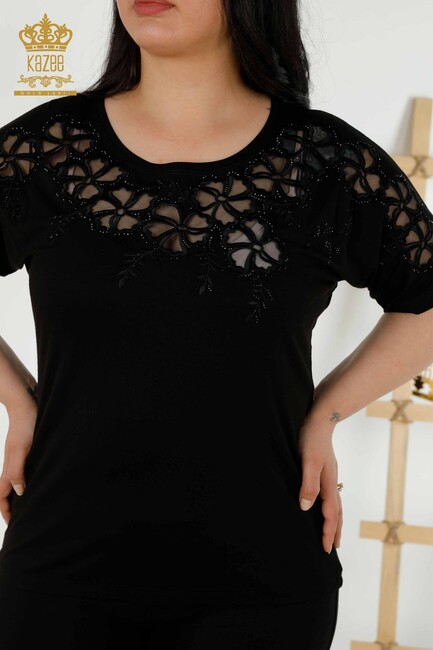 Women's Blouse Tulle Detailed Black - 79049 | KAZEE - Thumbnail