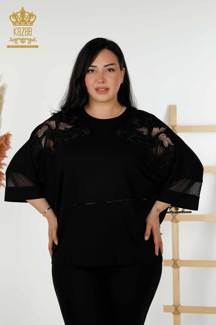 Women's Blouse Tulle Detailed Black - 79057 | KAZEE - Thumbnail