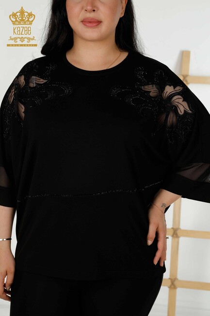 Women's Blouse Tulle Detailed Black - 79057 | KAZEE - Thumbnail