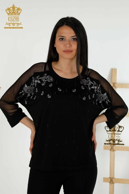 Women's Blouse Tulle Detailed Black - 79136 | KAZEE - Thumbnail