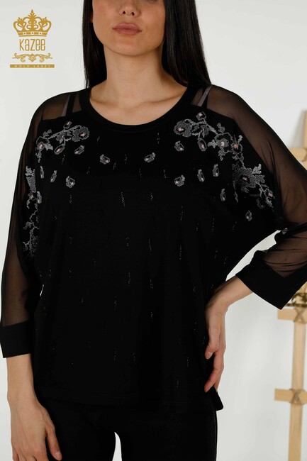 Women's Blouse Tulle Detailed Black - 79136 | KAZEE - Thumbnail