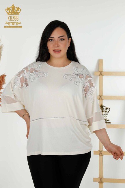 Women's Blouse Tulle Detailed Ecru - 79057 | KAZEE - Thumbnail