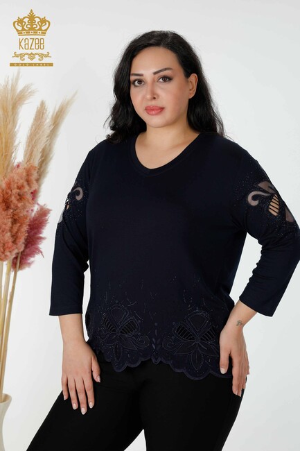 Women's Blouse Tulle Detailed Navy Blue - 77927 | KAZEE - Thumbnail