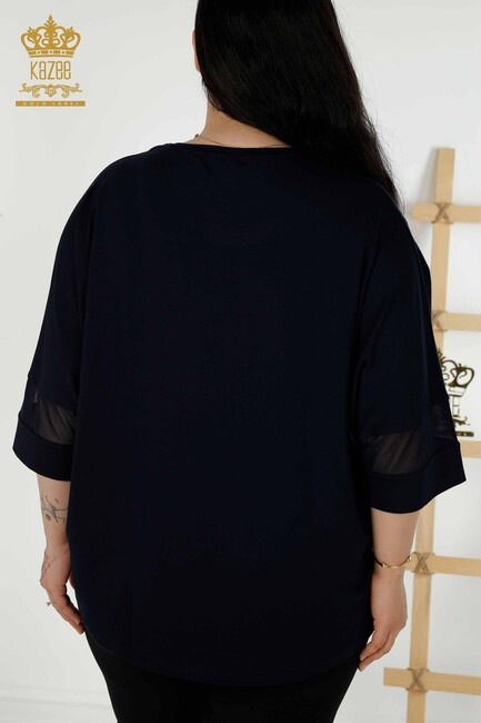 Women's Blouse Tulle Detailed Navy Blue - 79057 | KAZEE - Thumbnail