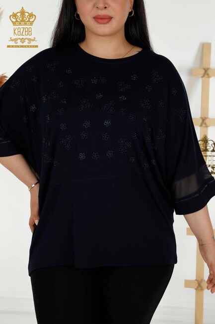 Women's Blouse Tulle Detailed Navy Blue - 79100 | KAZEE - Thumbnail