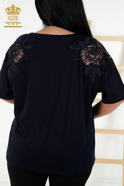 Women's Blouse Tulle Detailed Navy Blue - 79142 | KAZEE - Thumbnail