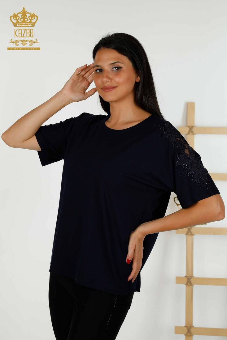 Women's Blouse Tulle Detailed Navy Blue - 79390 | KAZEE