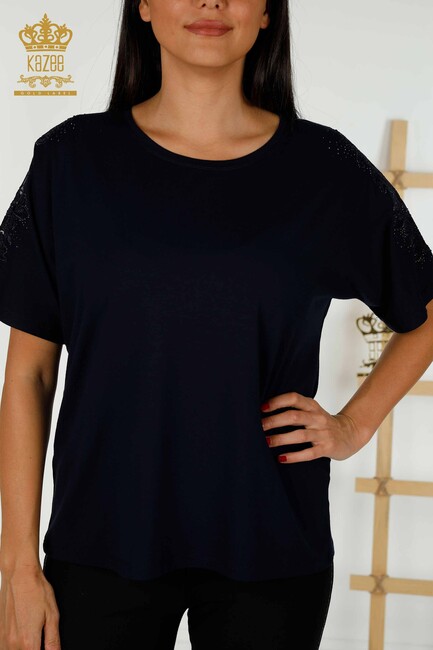 Women's Blouse Tulle Detailed Navy Blue - 79390 | KAZEE - Thumbnail