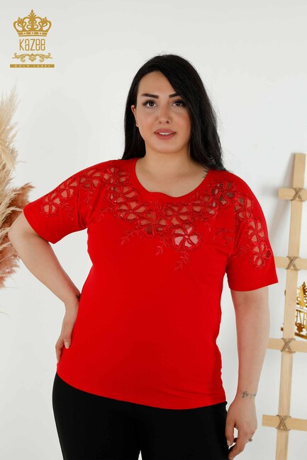 Women's Blouse Tulle Detailed Red - 79049 | KAZEE - Thumbnail