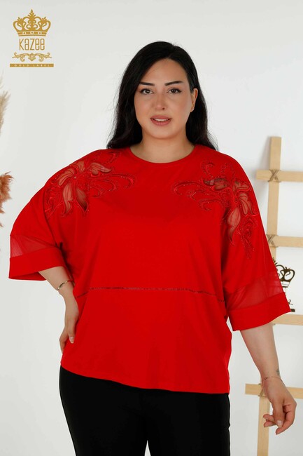 Women's Blouse Tulle Detailed Red - 79057 | KAZEE - Thumbnail