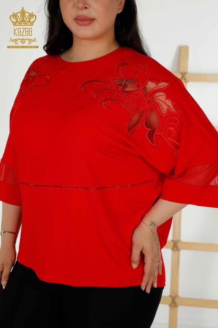 Women's Blouse Tulle Detailed Red - 79057 | KAZEE - Thumbnail