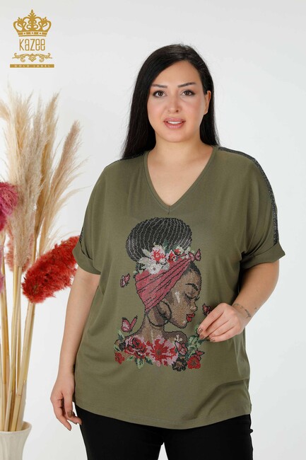 Women's Blouse V Neck Khaki - 78913 | KAZEE - Thumbnail