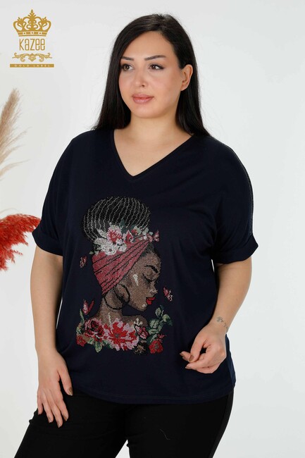 Women's Blouse V Neck Navy Blue - 78913 | KAZEE - Thumbnail