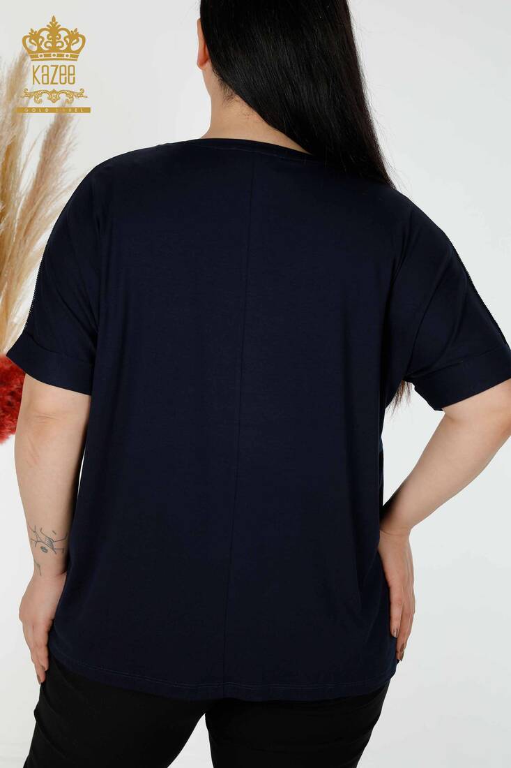 Women's Blouse V Neck Navy Blue - 78913 | KAZEE