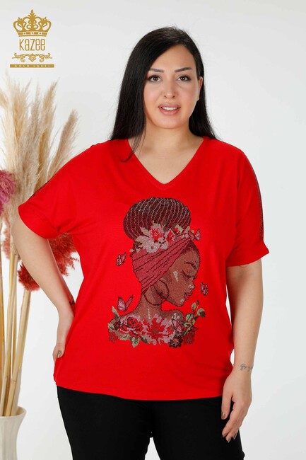 Women's Blouse V Neck Red - 78913 | KAZEE - Thumbnail