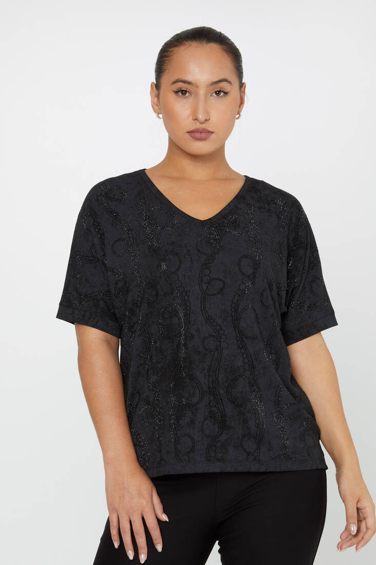 Women's Blouse Stone Detailed V Neck Black - 79991 | KAZEE