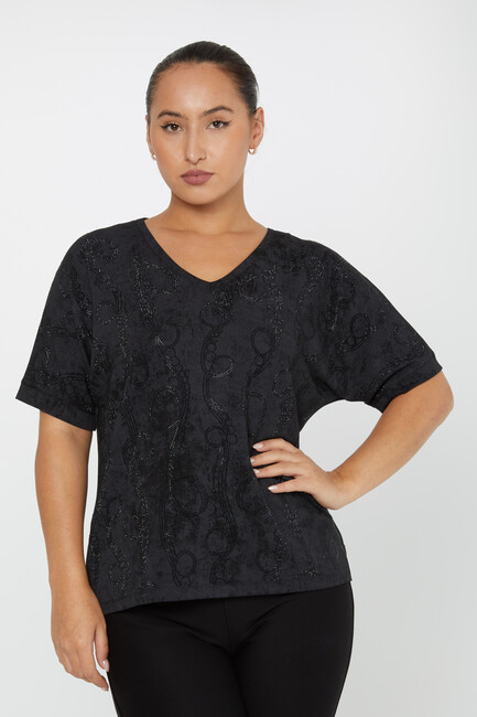 Women's Blouse Stone Detailed V Neck Black - 79991 | KAZEE - Thumbnail