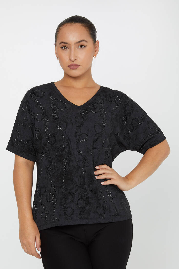 Women's Blouse Stone Detailed V Neck Black - 79991 | KAZEE